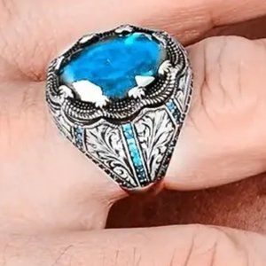 #461 Style with this Men's Engraved Blue Rhinestone Studded Chunky Ring